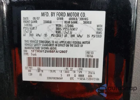 2008 Ford F-150 Xlt из США, поврежденный, VIN 1FTRW12W88FA12807